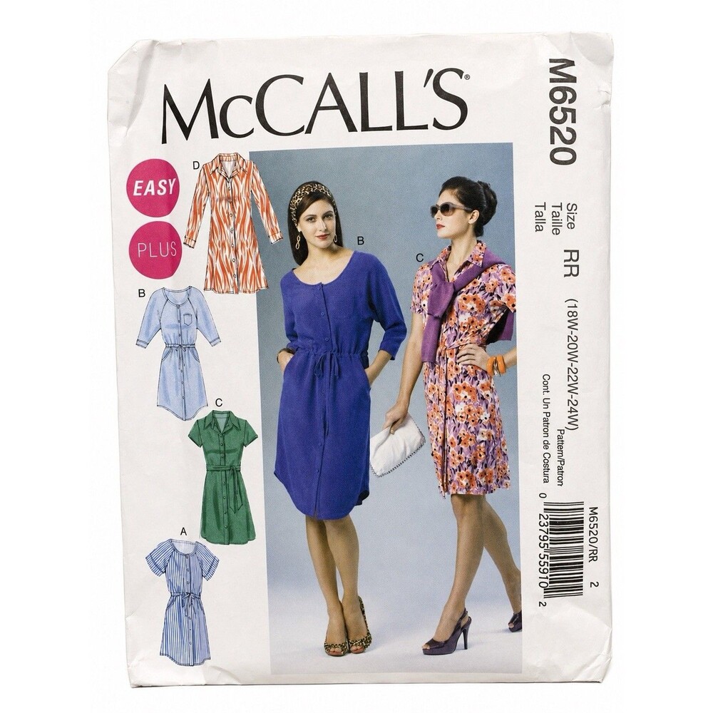 McCall’s M6520 Plus Size Shirt Dress Pattern 18W to 24W Uncut Complete
